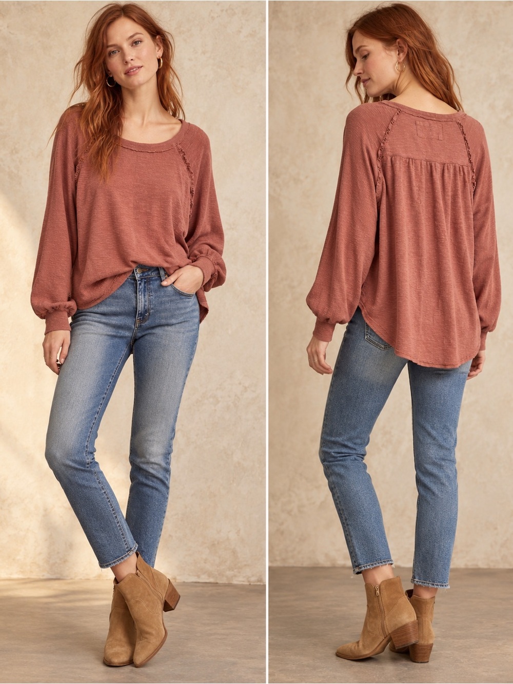 Anthropologie Pilcro Rust Long-Sleeve Textured Peasant Top 100% cotton